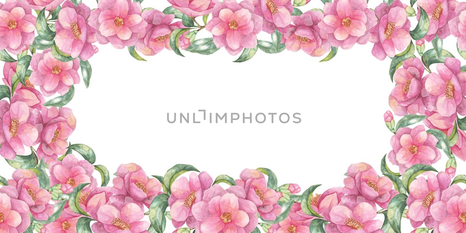 Pink flowers and green leaves banner. Camellia japonica floral botanical watercolor clipart. Ideal for framing text in invitations, flyers, or enhancing digital designs and scrapbooks