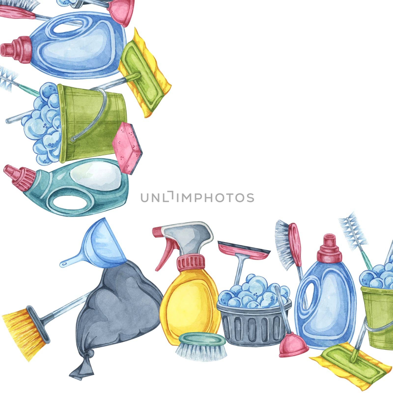 Cleaning tools like brushes, spray bottles, sponges, and gloves in the square frame. Watercolor clipart. Great for use in advertisements, brochures, and website designs for housekeeping services