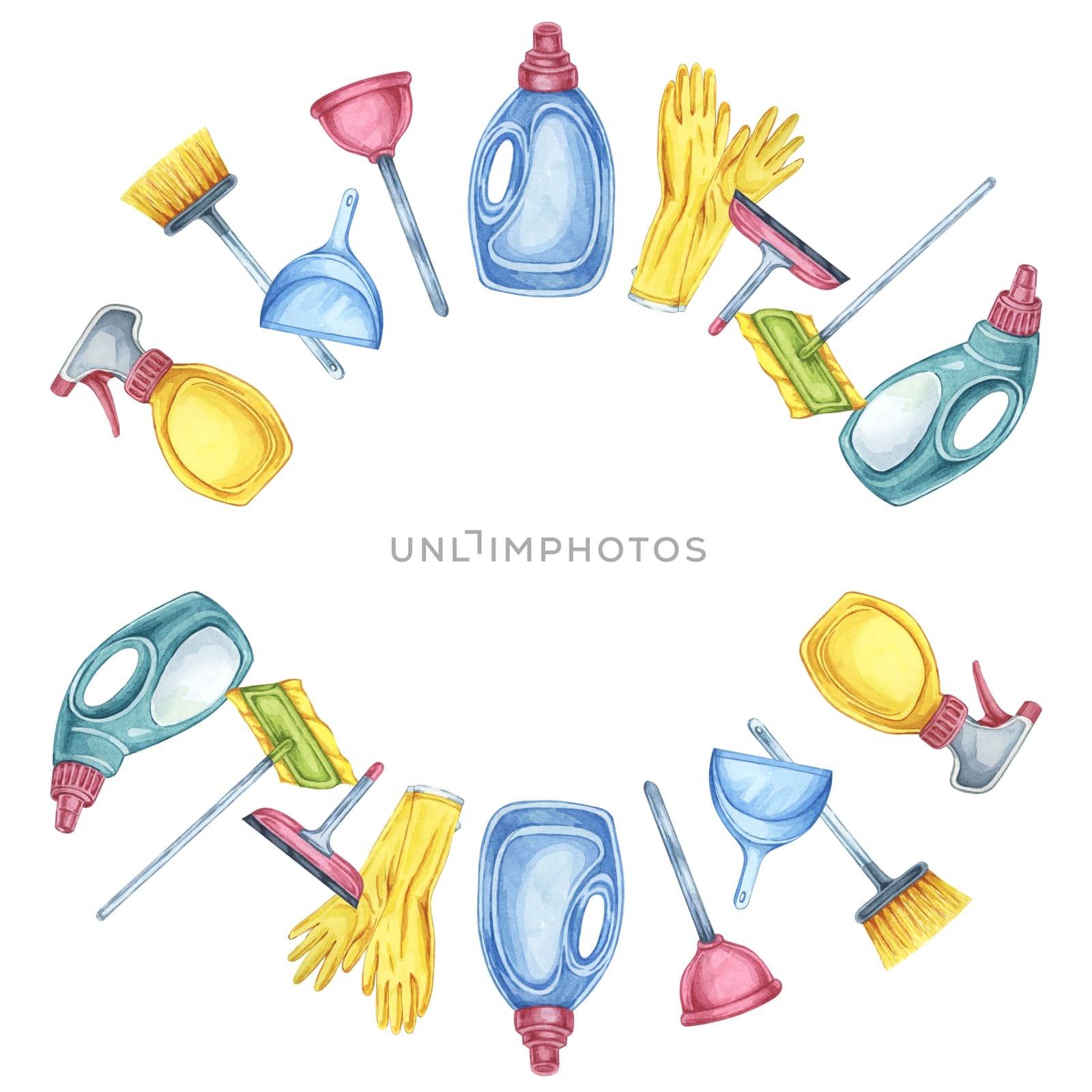 Cleaning tools like spray bottles, mops, gloves, and brushes create a circular frame in this watercolor clipart. Perfect for use in designs for cleaning schedules, event flyers, and online content
