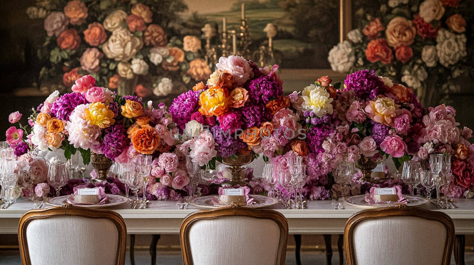Elegant royal dining table adorned with luxurious floral arrangements for wedding or event, vintage tableware, and candles in a classic English countryside manor, creating a romantic and sophisticated atmosphere idea