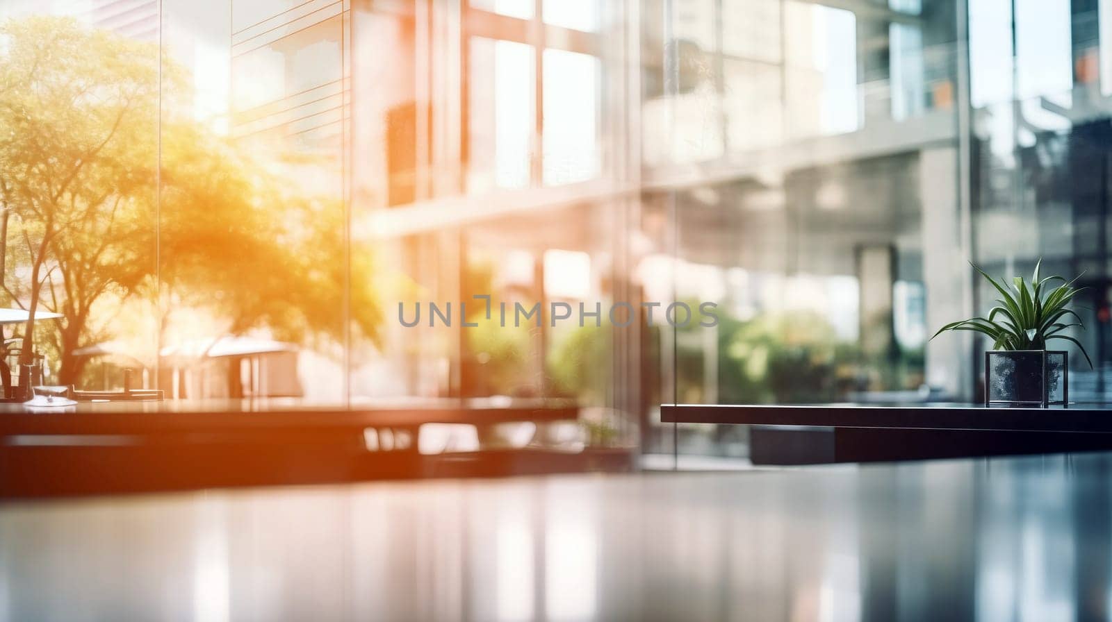 Bright and airy cafe setting showcasing glass walls, tables, and natural plants under warm afternoon light, creating a welcoming atmosphere - Generative AI