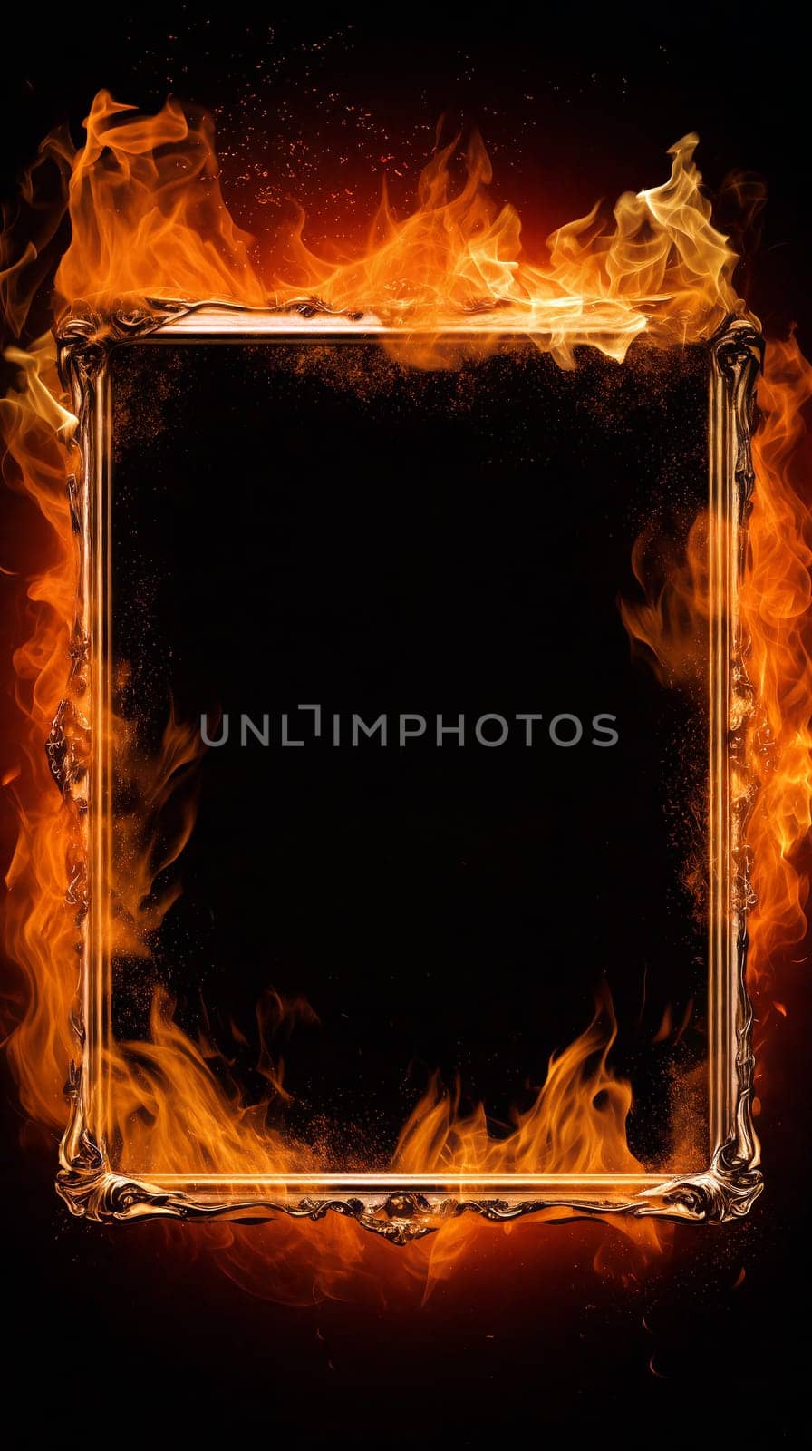 A decorative frame encircled by intense flames, set against a dark backdrop, evokes a sense of drama and intensity in this striking composition - Generative AI