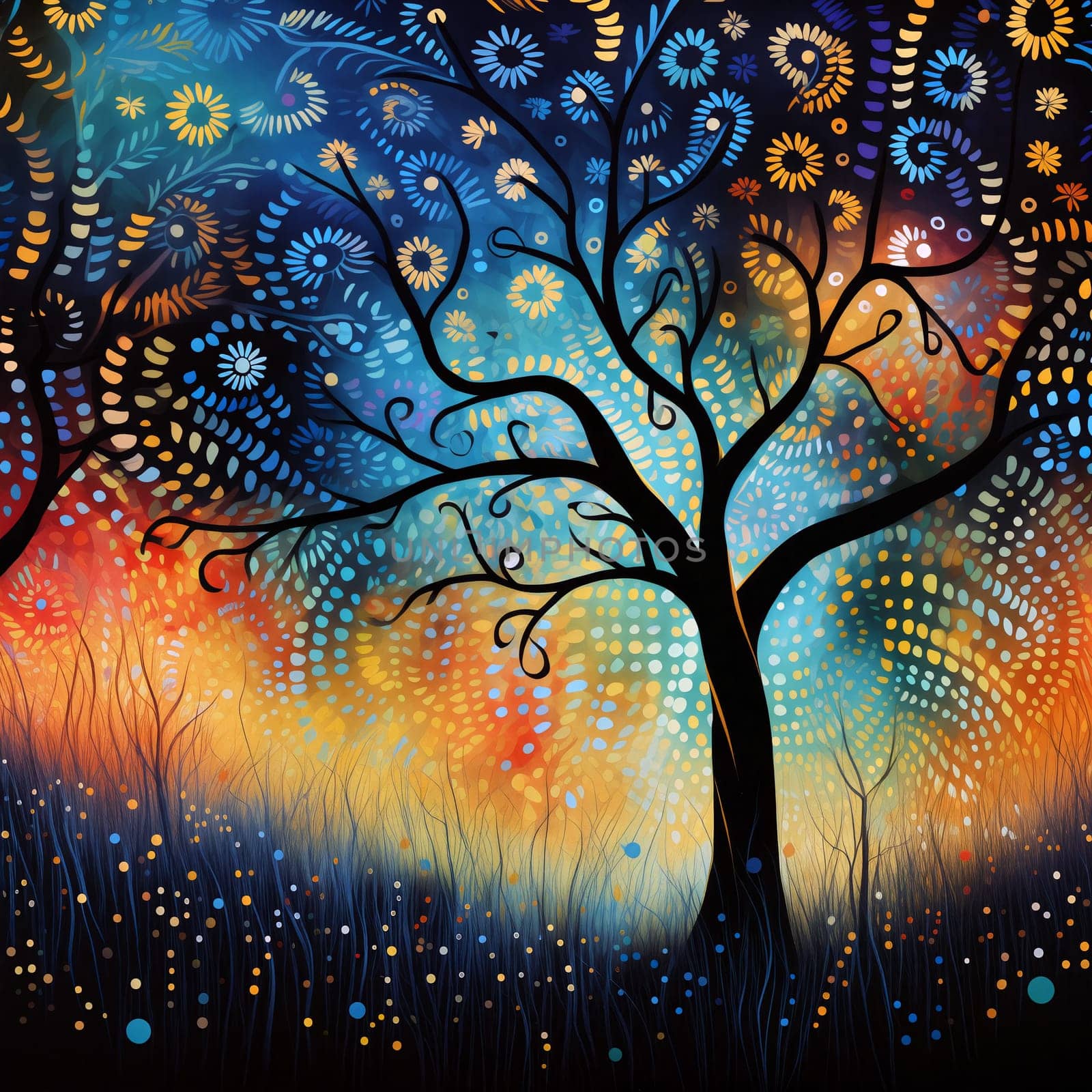 An intricate landscape features swirling patterns around a silhouetted tree, creating a captivating display of colors at twilight - Generative AI