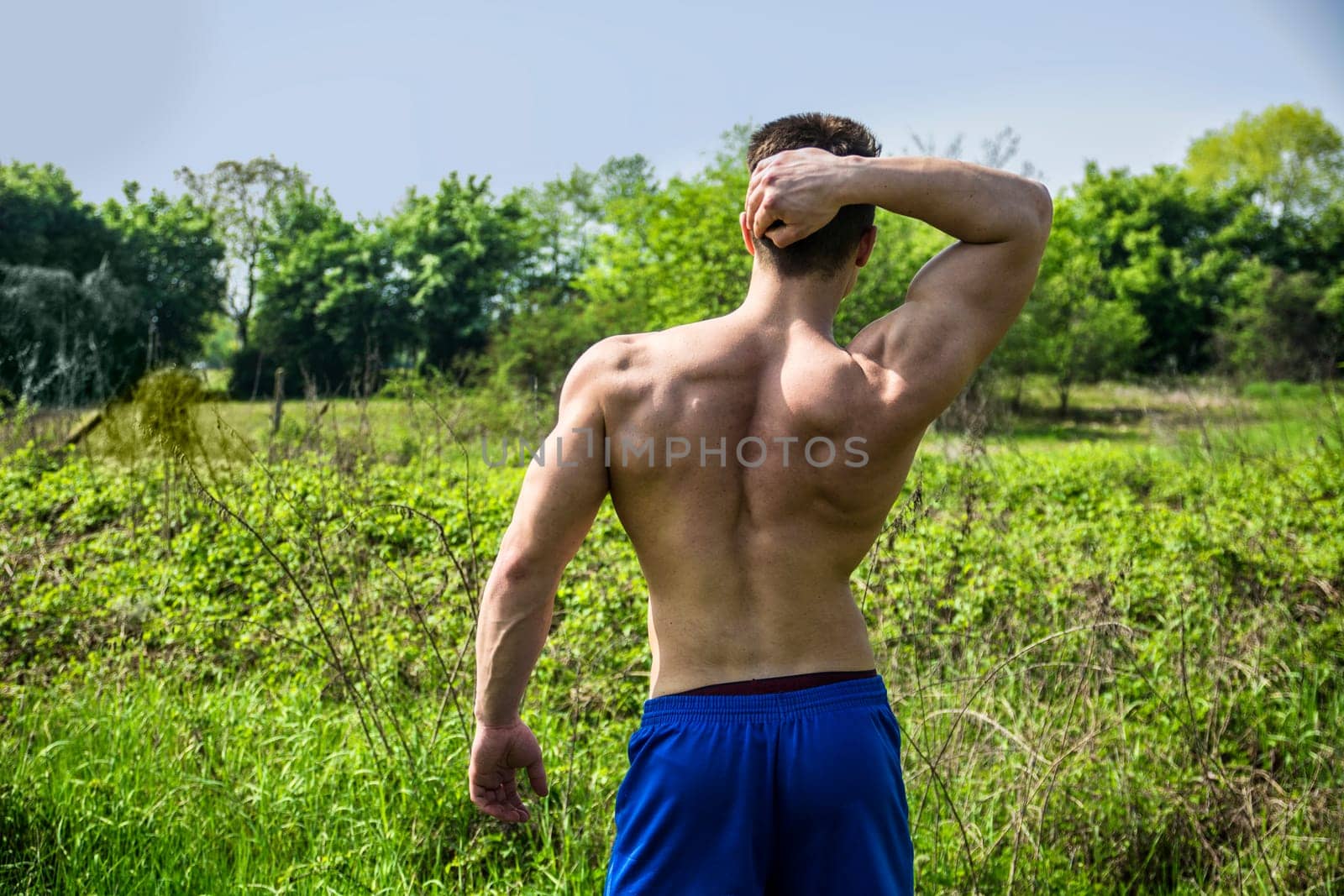 A shirtless man walking through a lush green field