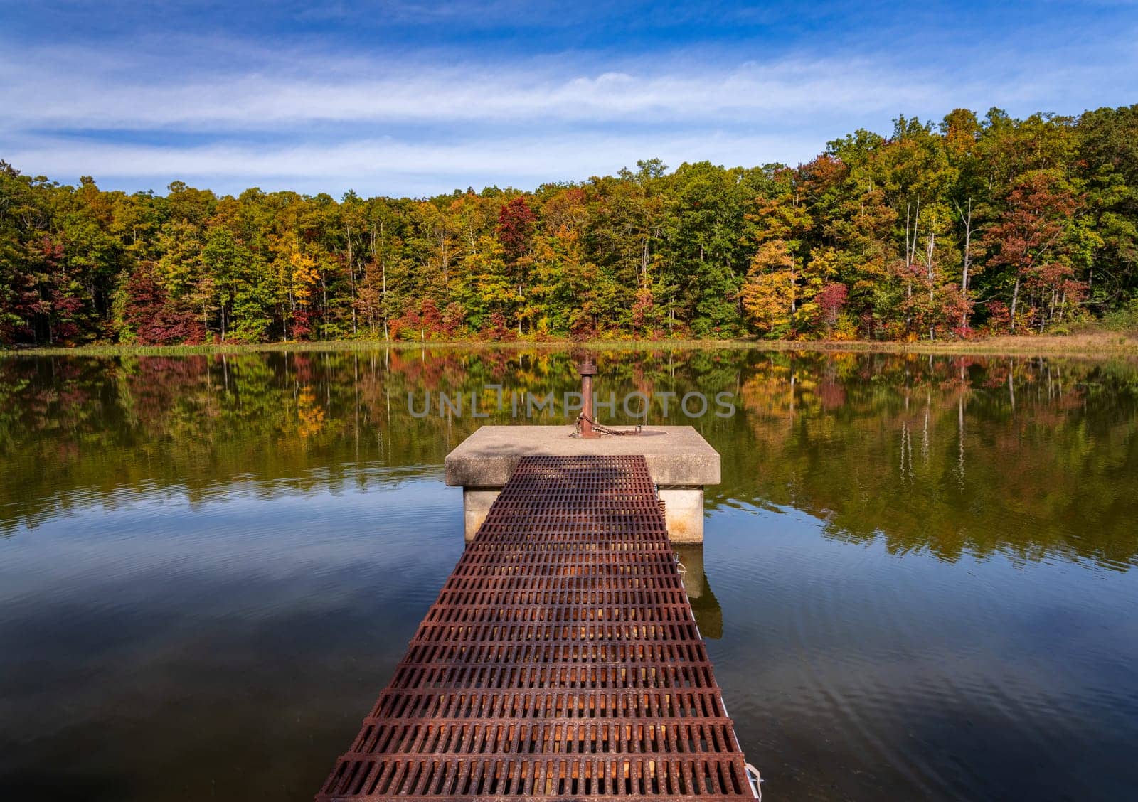 Changing leaves in autumn with metal walkway and platform in calm reservoir in Coopers Rock State Forest near Morgantown, WV