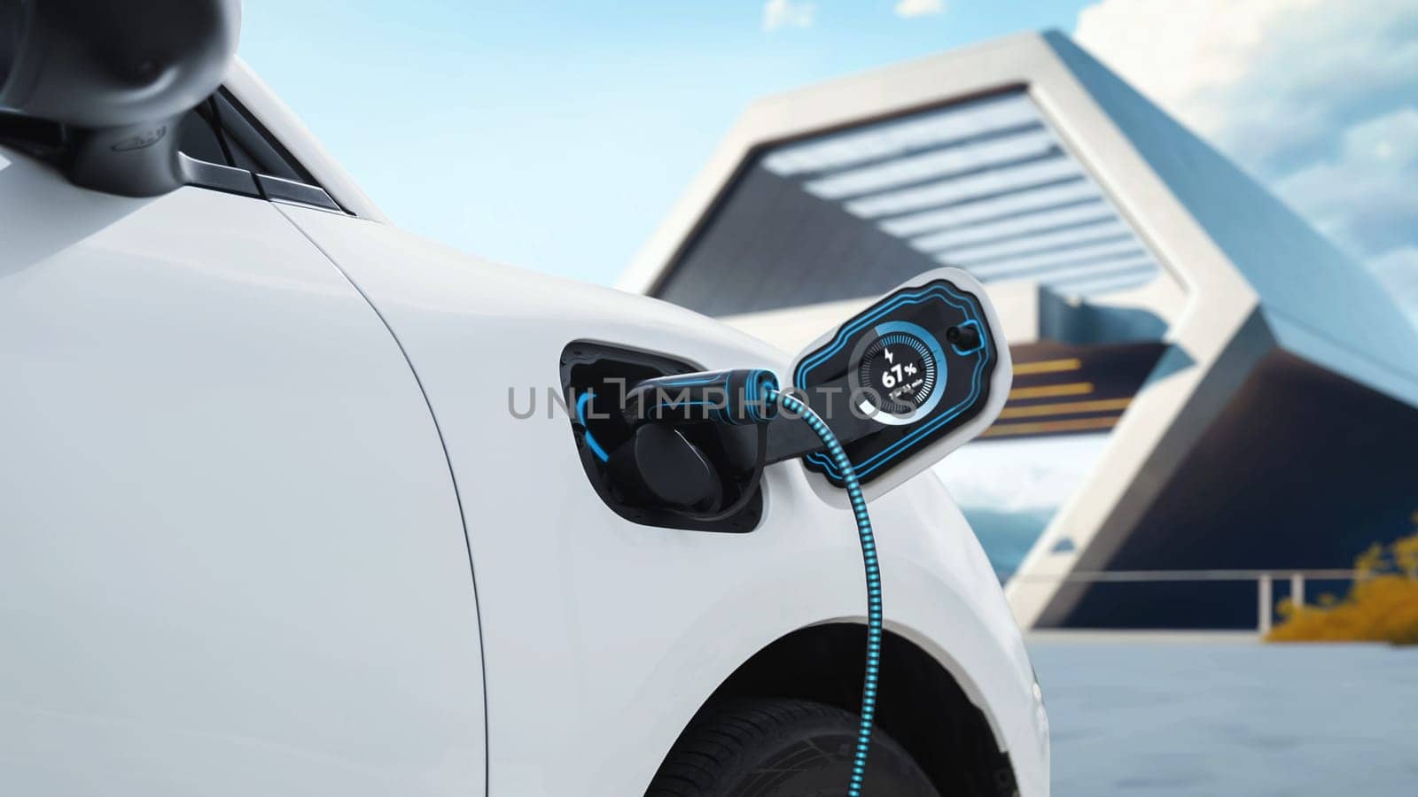 Electric car recharging from charging station display smart digital battery status hologram. Technological advancement rechargeable EV car using alternative and sustainable energy. Peruse