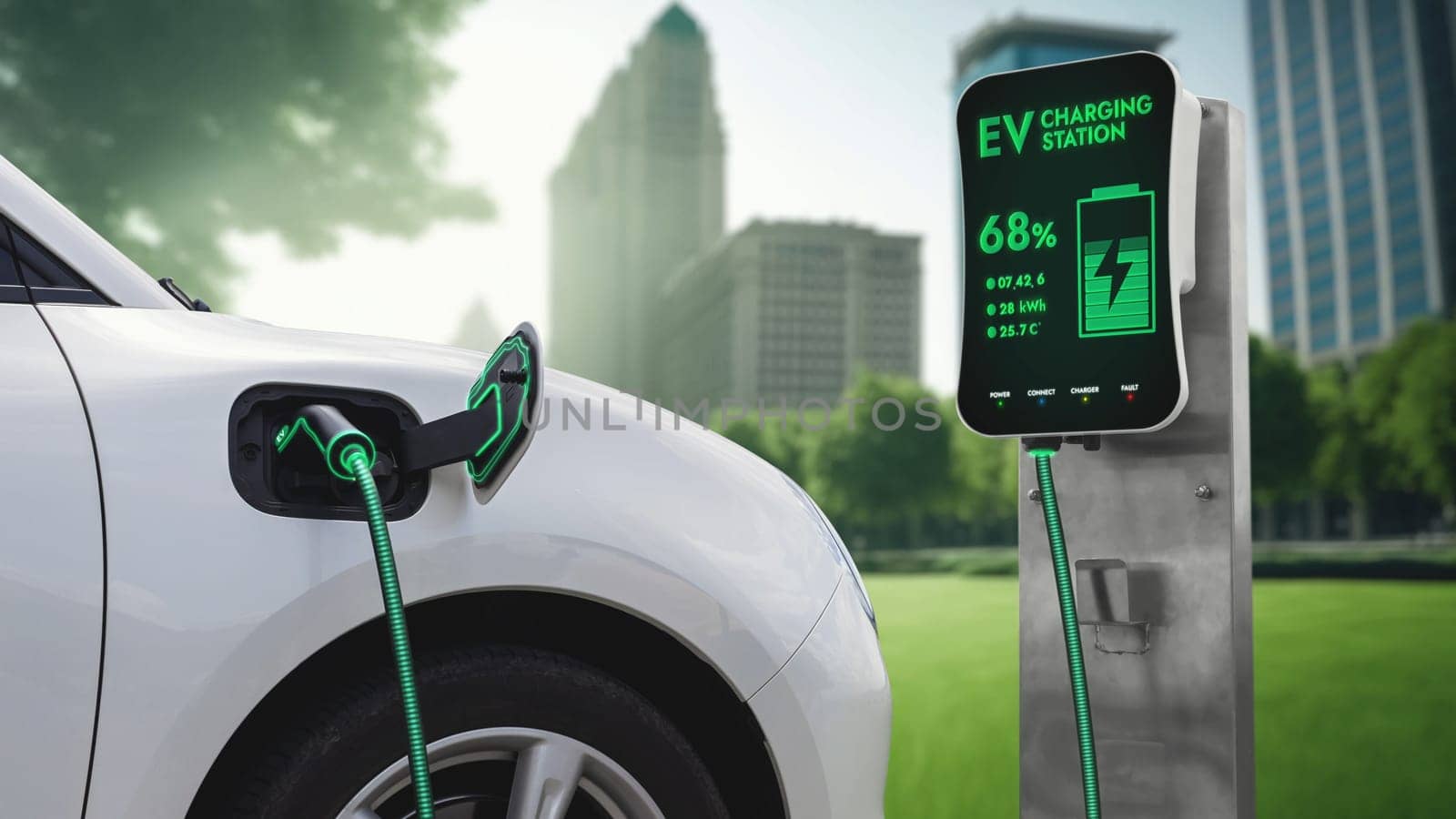 Electric car plugged in with charging station to recharge battery. Peruse by biancoblue