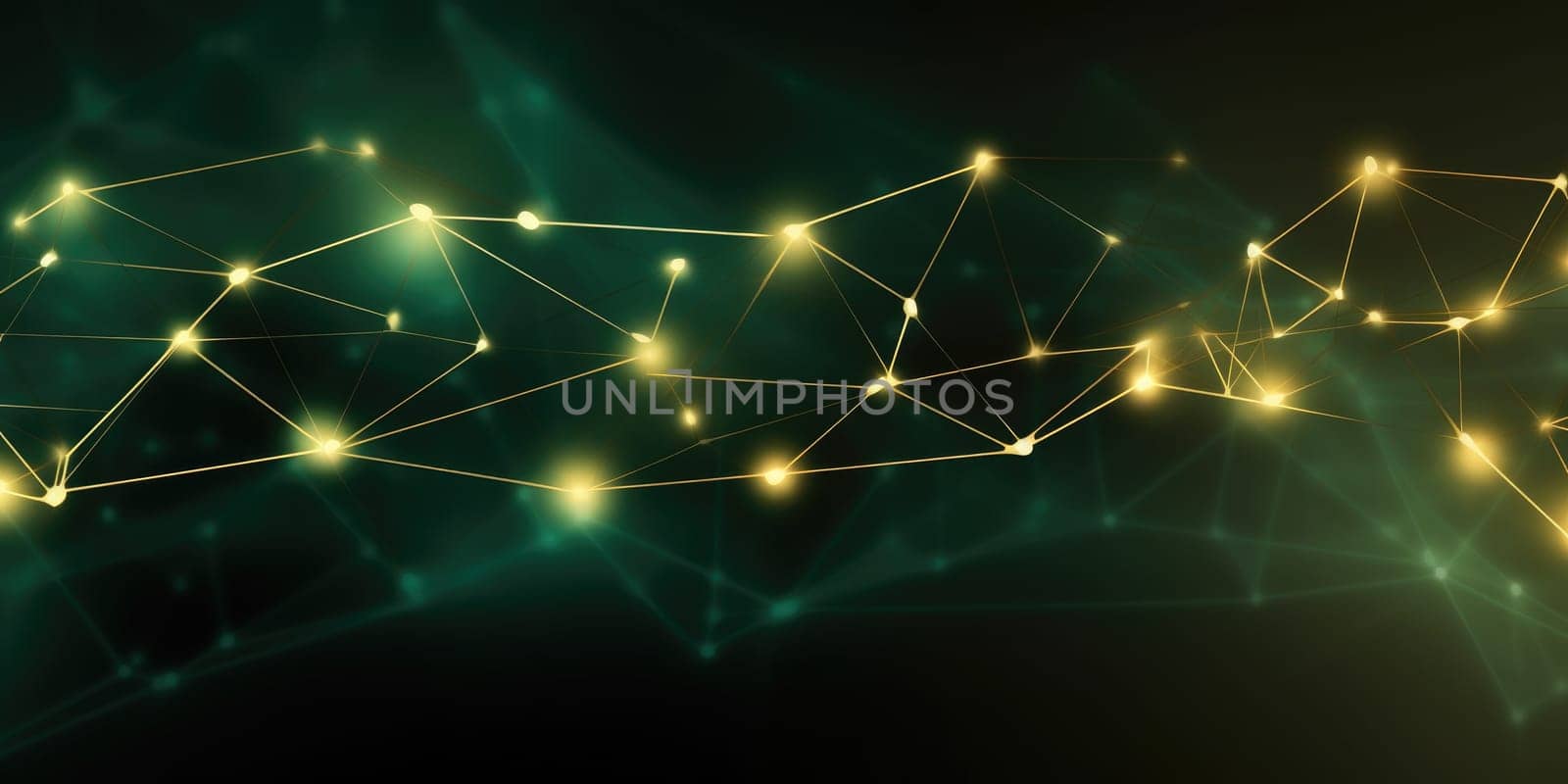 3D network connections with plexus design green and gold color background wallpaper. Generative AI weber. by biancoblue