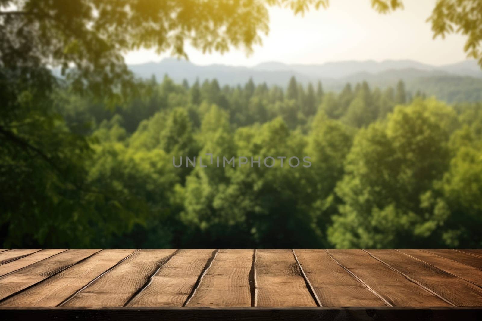 Wooden table background with landscape of forest. wooden, table, wood, forest, landscape, nature, tree, background, empty, light, sky, sun, summer, design, floor. Generative AI image weber.