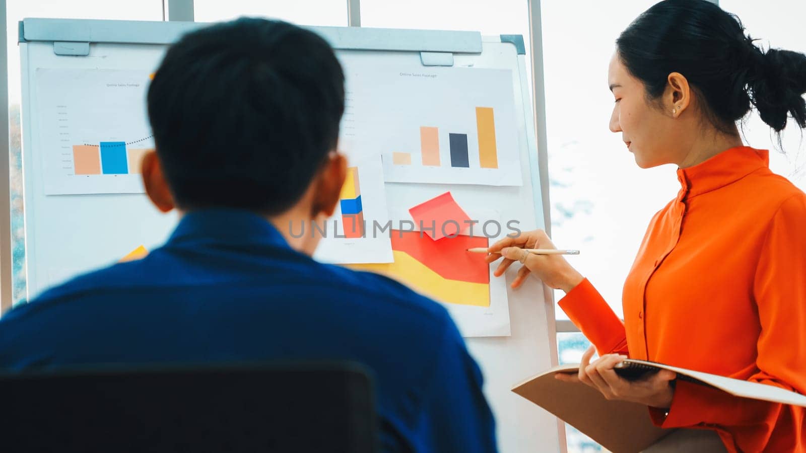 Young woman explains business data on white board Jivy by biancoblue