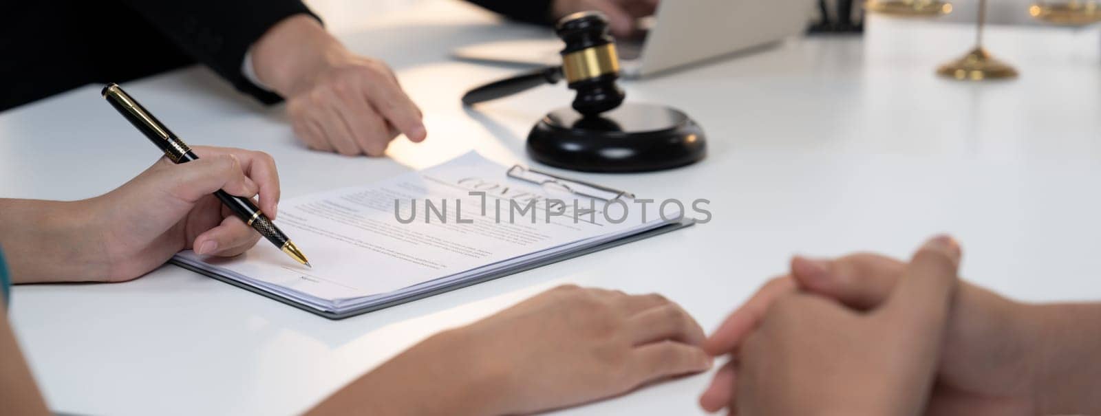 Couples file for divorcing and seek assistance from law firm to divide property after breakup. Obligations contract assist by lawyer in negotiating settlement agreement meeting. Panorama Rigid