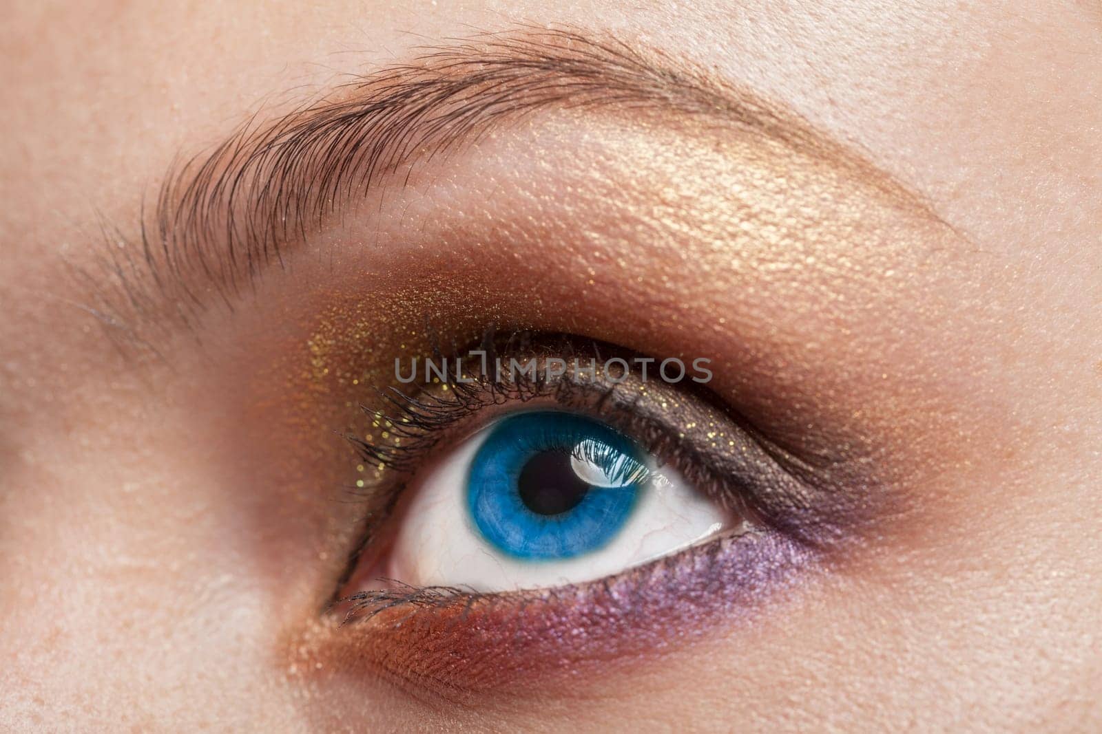 Macro image of blue human woman eye with make up