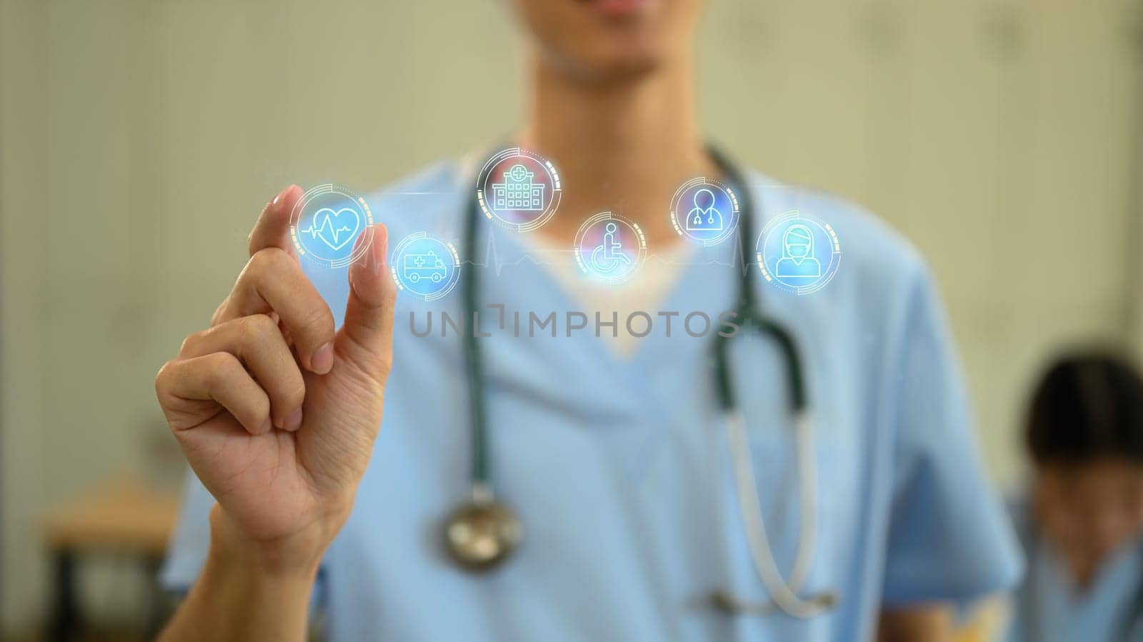 Close up of doctor interacting with virtual health related icons. Technology in modern medicine concept.