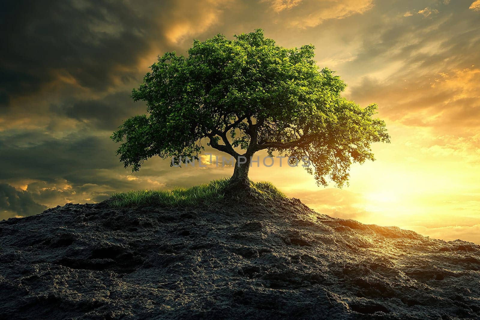Tree with lush foliage on dying land against sunset background. Environmental. Concept of nature conservation.