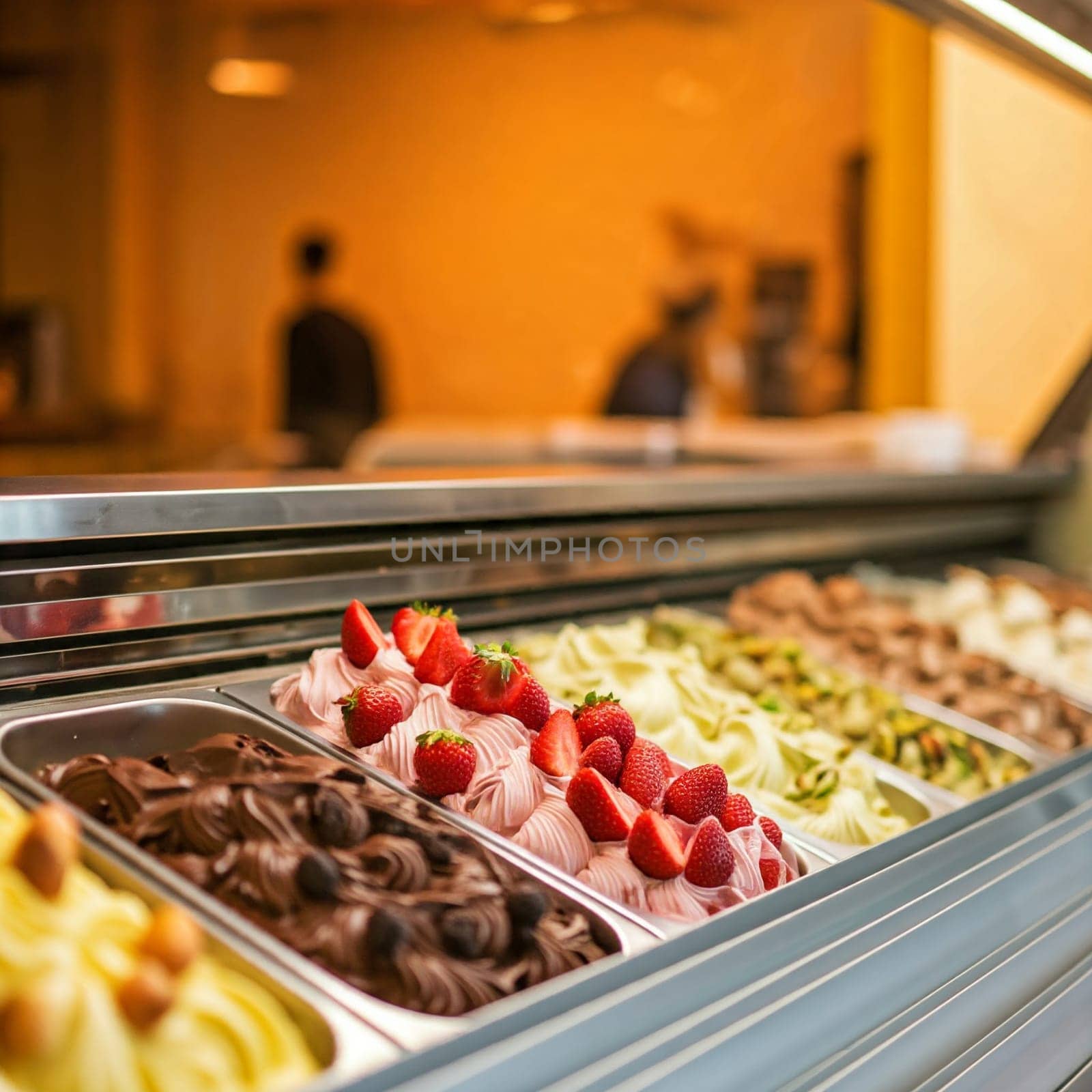 A seductive selection of ice cream flavors is presented in a refrigerated display case. The creamy chocolate ice cream with its dark chocolate pieces is just as tempting as the bright, lemon-yellow ice cream.