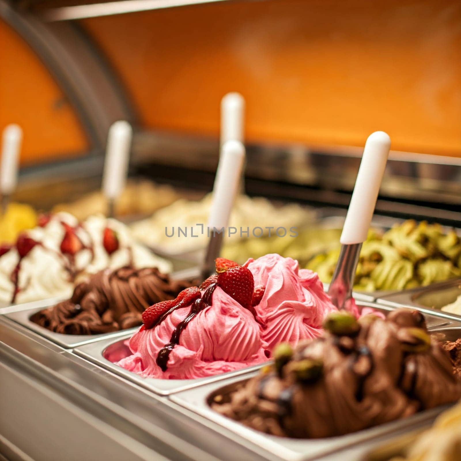A seductive selection of ice cream flavors is presented in a refrigerated display case. The creamy chocolate ice cream with its dark chocolate pieces is just as tempting as the bright, lemon-yellow ice cream.