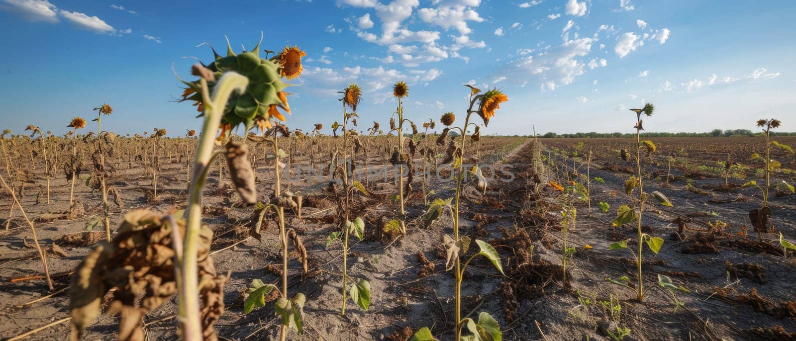 A field of sunflowers withers under the harsh sun, painting a vivid picture of drought's effects on crops. The horizon stretches with the fading silhouettes of stressed flora against a clear sky