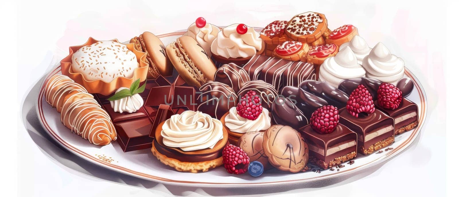 A white plate overflowing with a variety of cupcakes and chocolates. The cupcakes are decorated with frosting and sprinkles in different colors