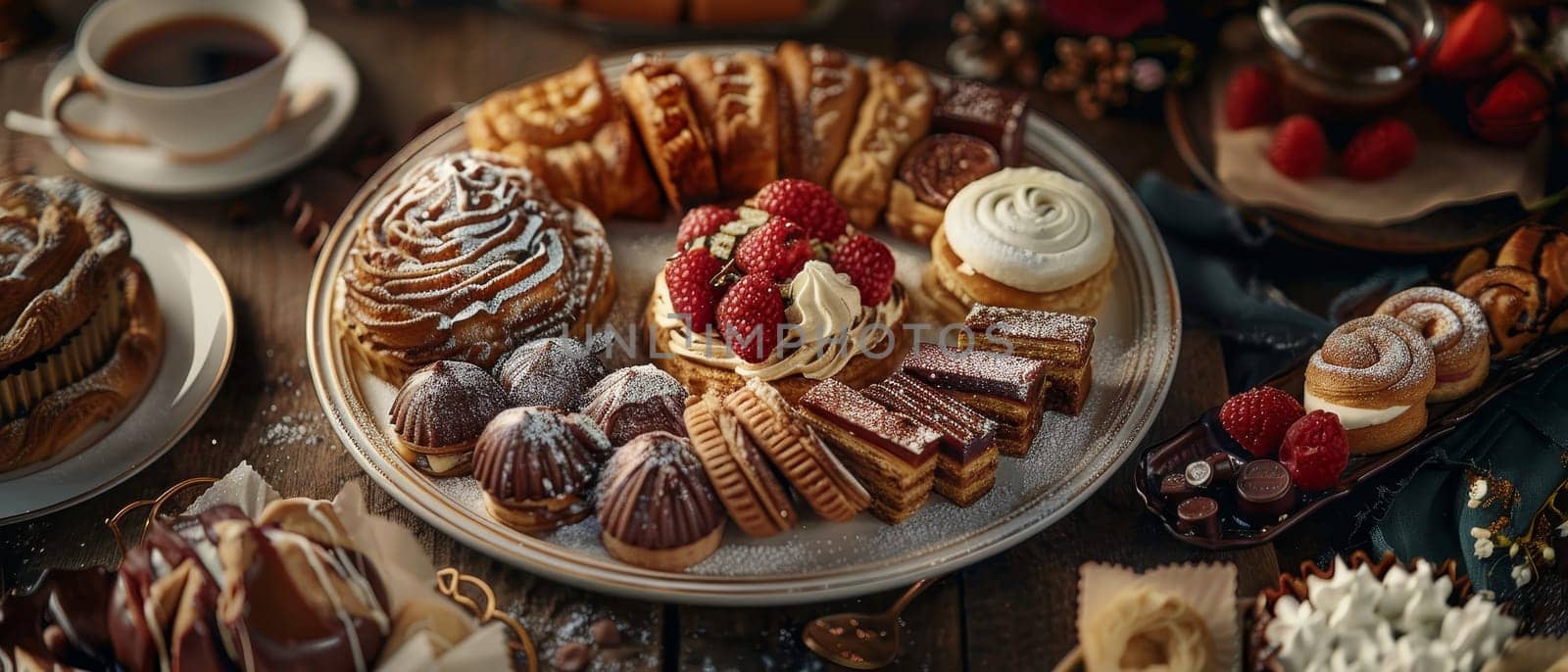 Assorted luxurious chocolates and pastries displayed elegantly on a golden, ornate plate