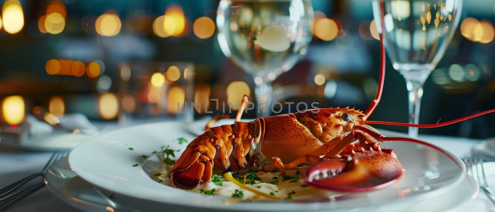 A close-up of a cooked whole lobster on a white plate