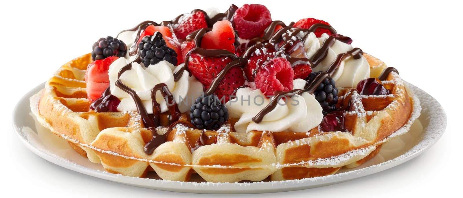 A square Belgian waffle topped with fresh berries and whipped cream