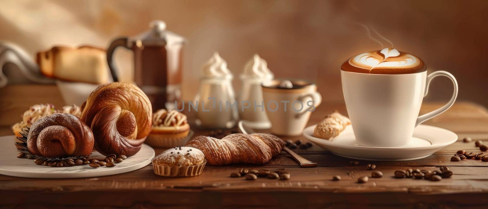 A cozy assortment of coffee and pastries, with a latte art heart, on a rustic wooden table