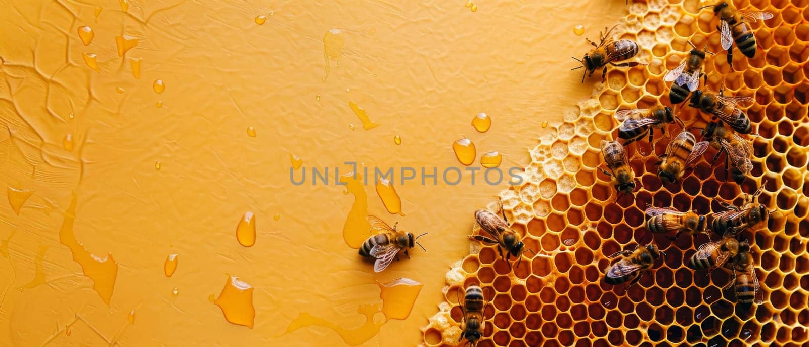 Close-up of a honeycomb filled with golden honey, with worker bees crawling on the surface
