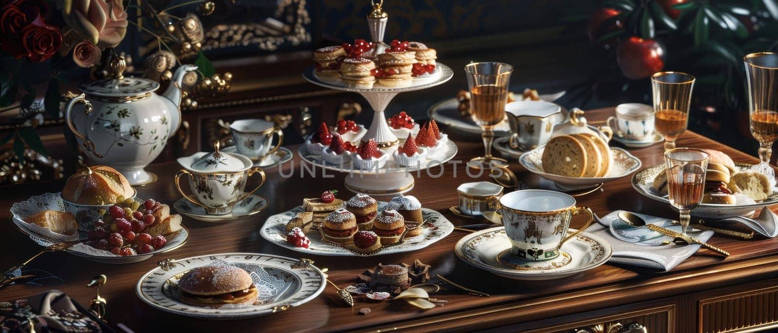 A variety of colorful desserts spread across a table topped with a white tablecloth