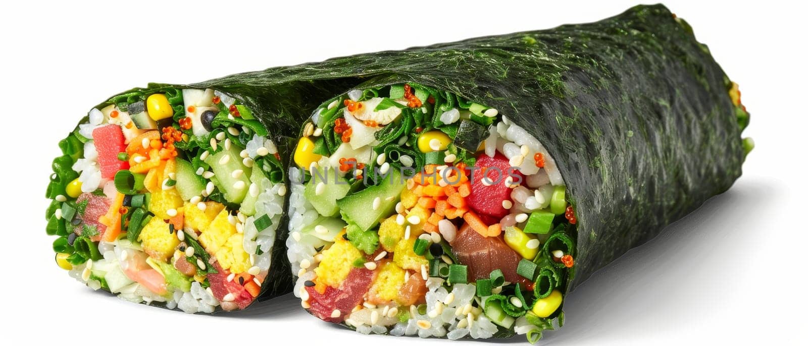 A sushi roll filled with a variety of fresh vegetables like cucumber, avocado, and bell peppers, neatly arranged and rolled in seaweed and rice