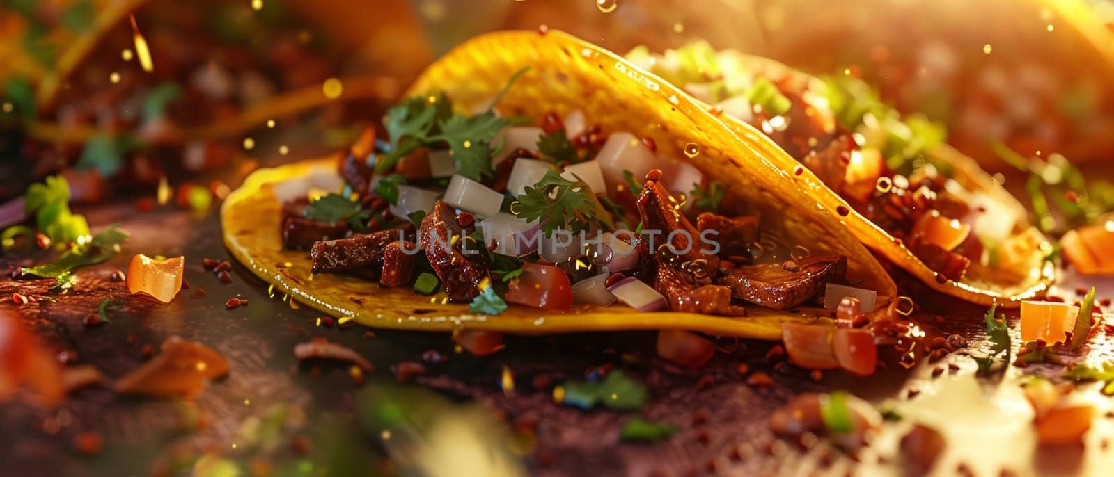 A close-up of a beef taco with ground beef, lettuce, tomato, cheese, and a lime wedge on a corn tortilla on a wooden table