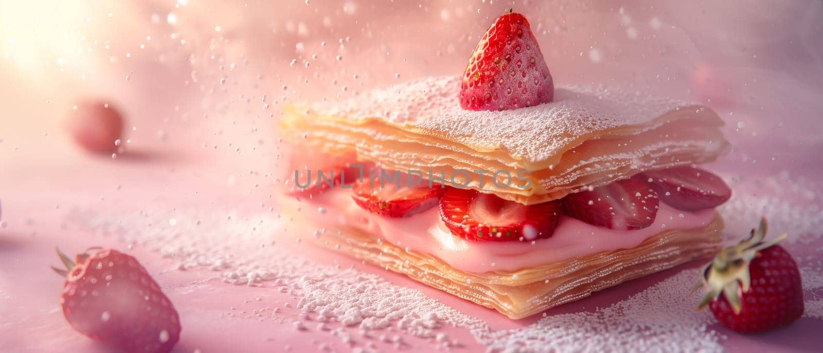 A delicious strawberry pastry, dusted with powdered sugar, amidst a magical, sparkling pink background