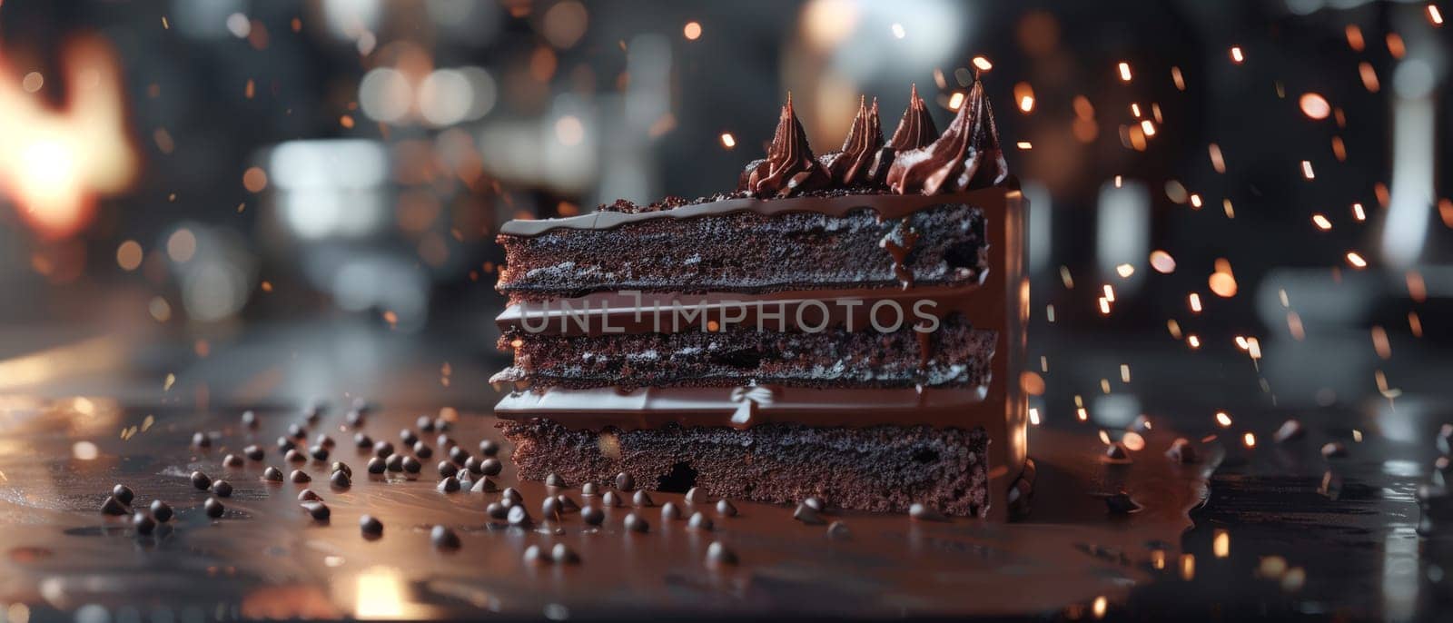 A slice of chocolate cake on a white plate with a chocolate drizzle and chocolate shavings