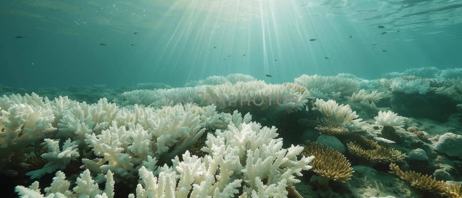 Vibrant underwater scene with colorful fish swimming around a coral reef, illuminated by natural sunlight