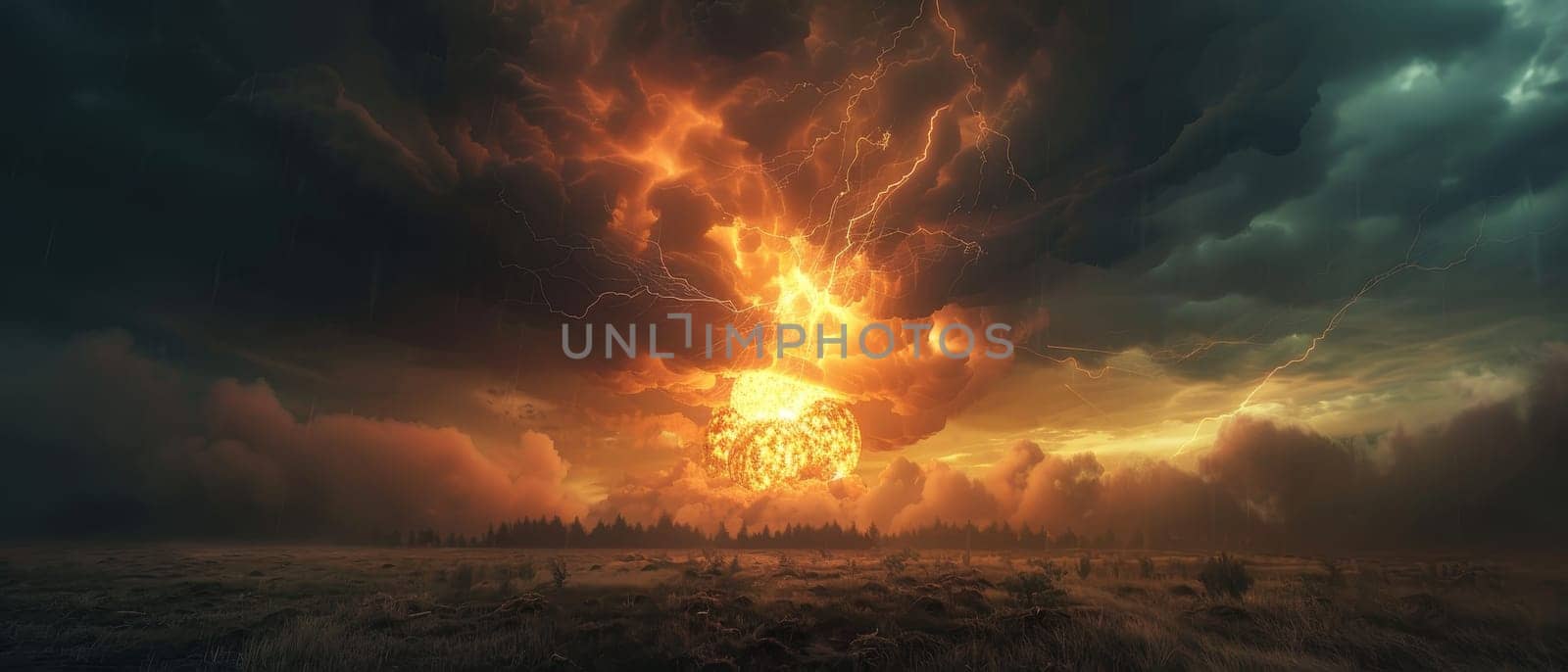 A dramatic nuclear explosion illuminates a dark, cloudy sky over a serene, misty field at dusk