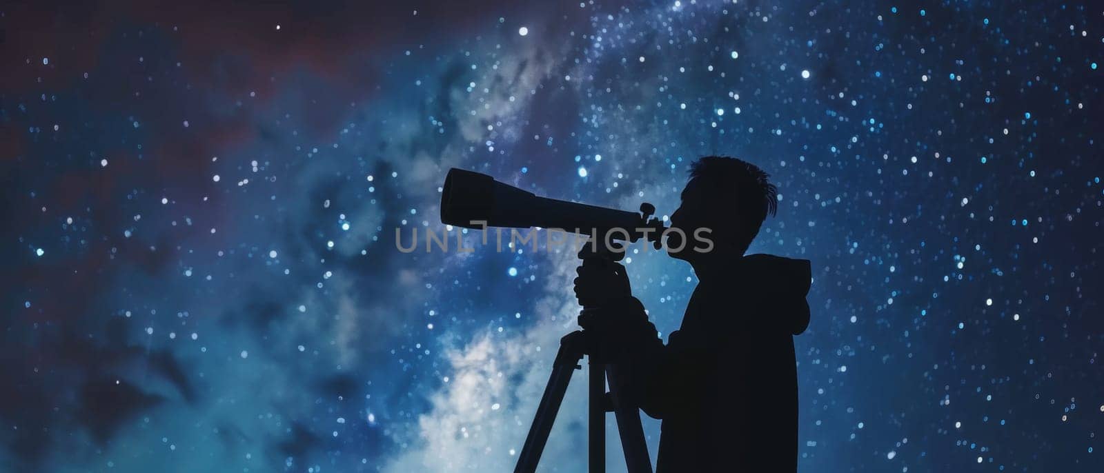 Silhouette of an astronomer using a telescope to explore the starry night sky, capturing the wonder of the cosmos