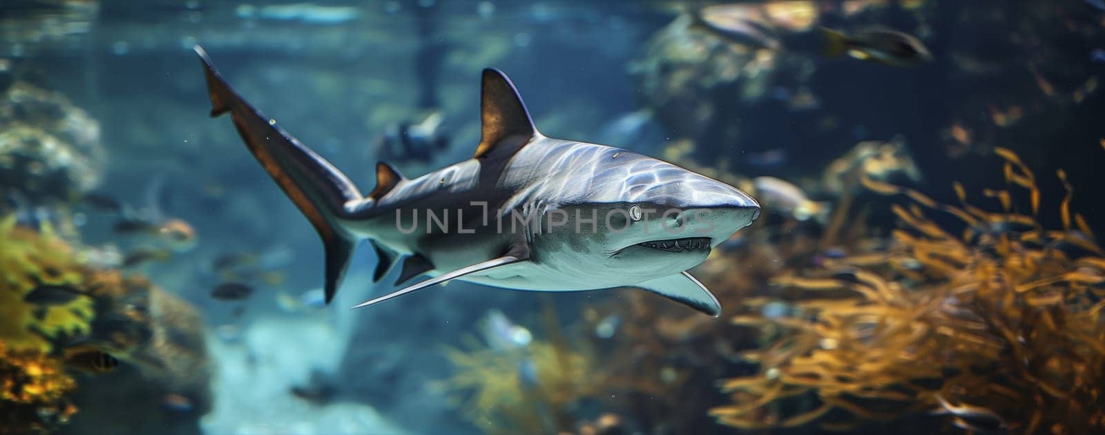 An awe-inspiring image capturing the serene motion of a shark swimming through the vibrant underwater landscape. Ideal for marine life and nature themes