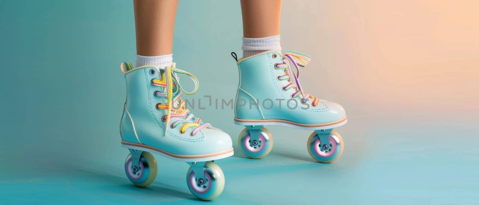 A close-up view of light blue roller skates with multicolored laces against a seamless gradient from turquoise to peach
