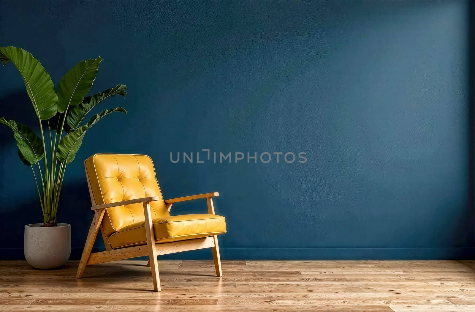 Bright yellow chair complements the dark blue wall and green plant, creating a warm and inviting minimalistic atmosphere in the interior.