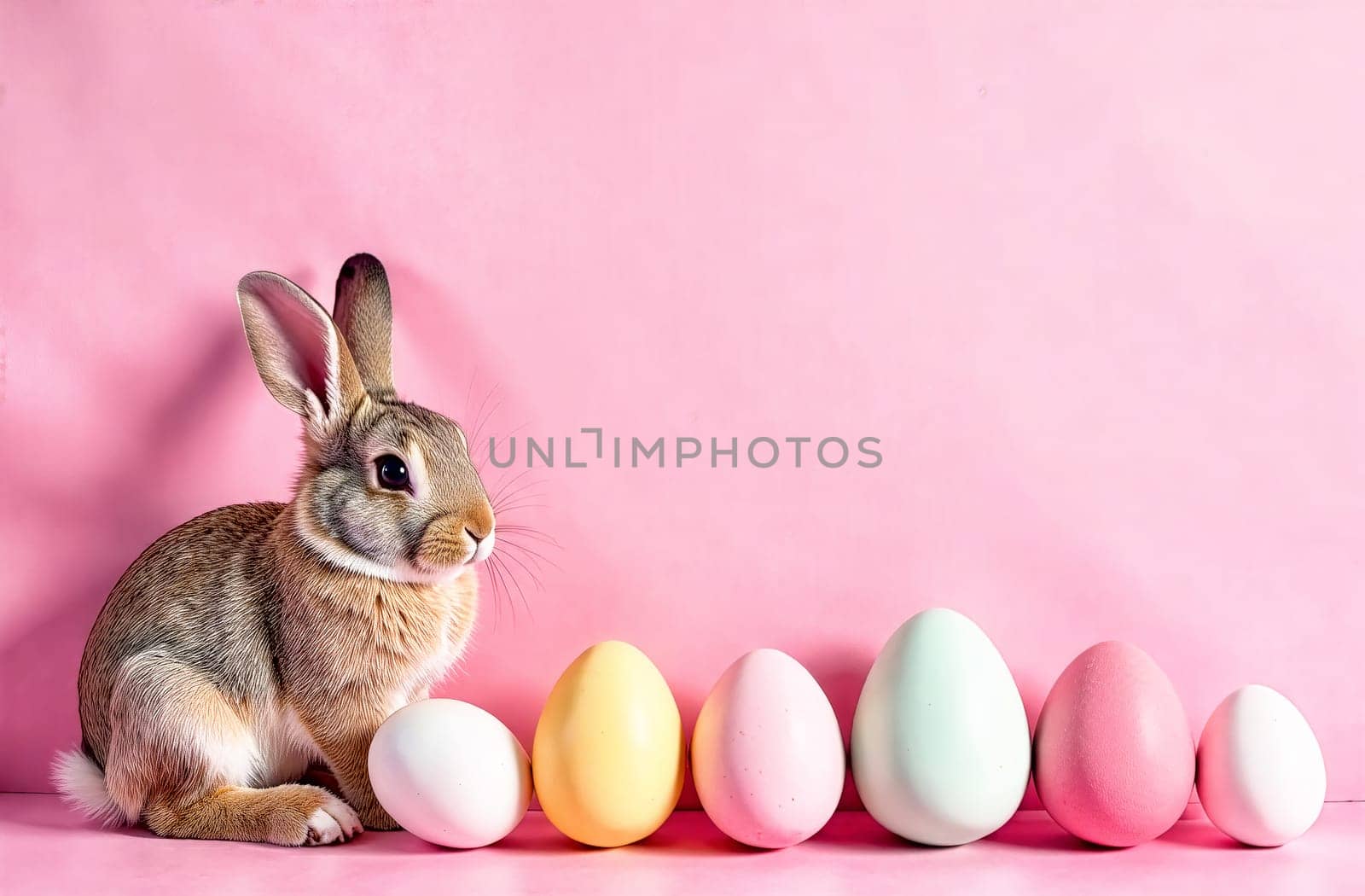 A cheerful bunny sits next to a row of pastel-colored eggs on a bright pink background, creating a playful Easter atmosphere.