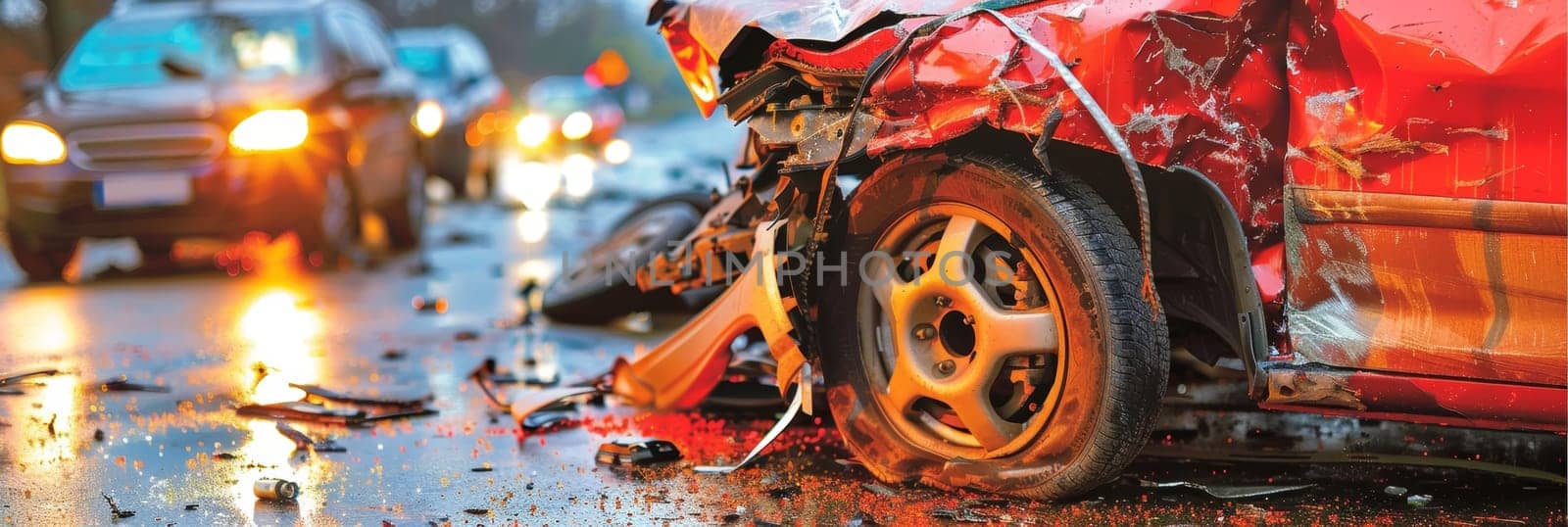 A severely damaged vehicle lies amidst scattered debris and fallen leaves on a city street, a harrowing scene of the aftermath of a violent collision