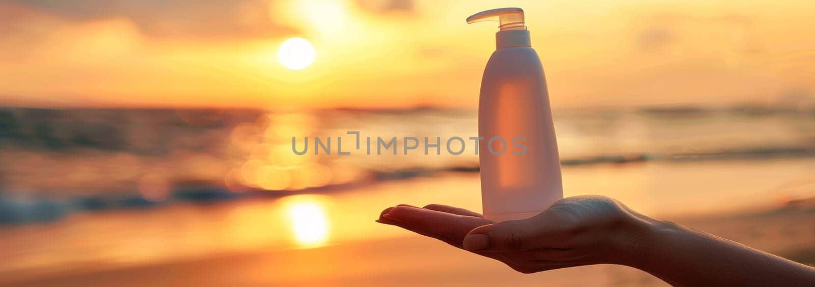 A hand holds a bright orange sunscreen bottle against the backdrop of a stunning sunset, with the silhouette of palm trees visible in the distance