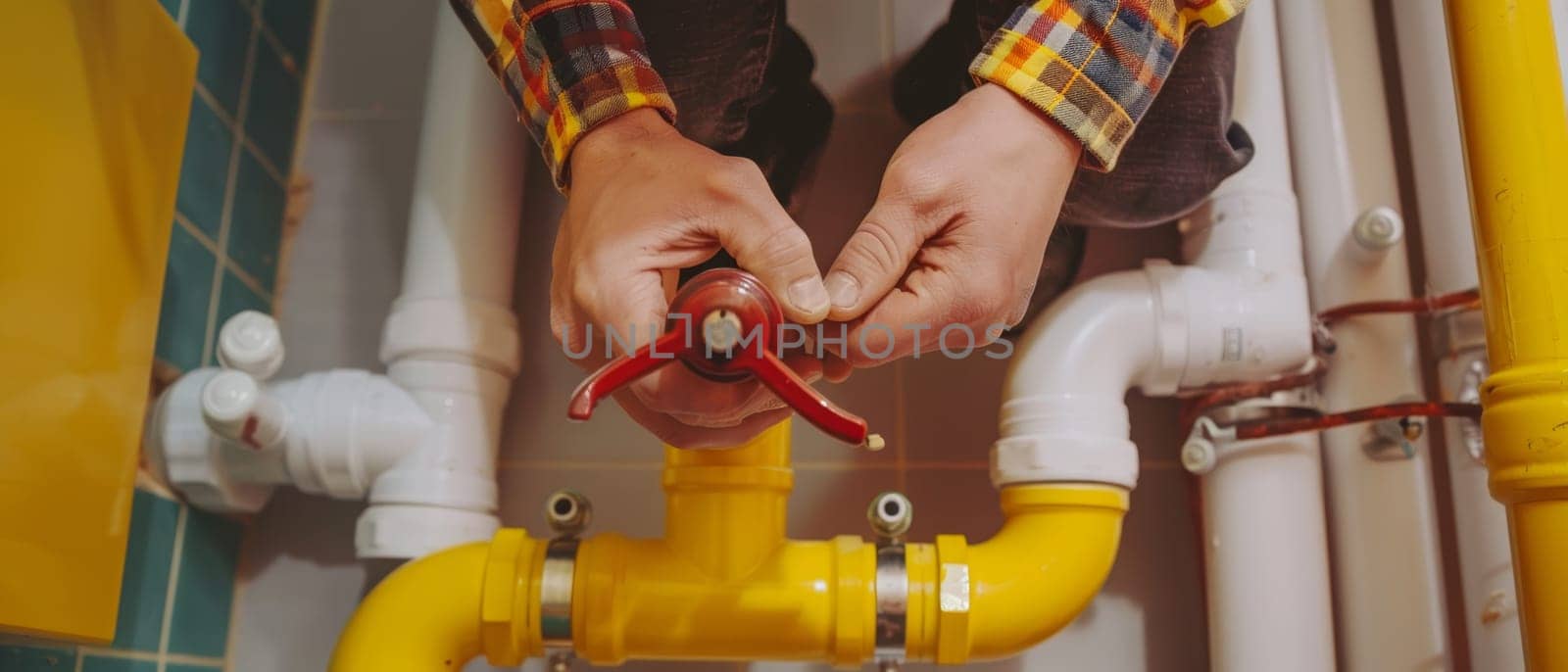 Close-up of a worker's hands in gloves tightening a red valve handle on a yellow gas pipe, highlighting the precision and care required for proper plumbing installation and maintenance