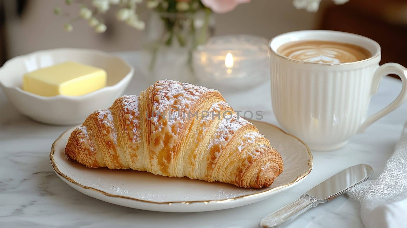 A delicious croissant rests on a plate next to a cup of coffee in a warm caf . A pat of butter and soft candlelight add to the inviting ambiance during the morning.