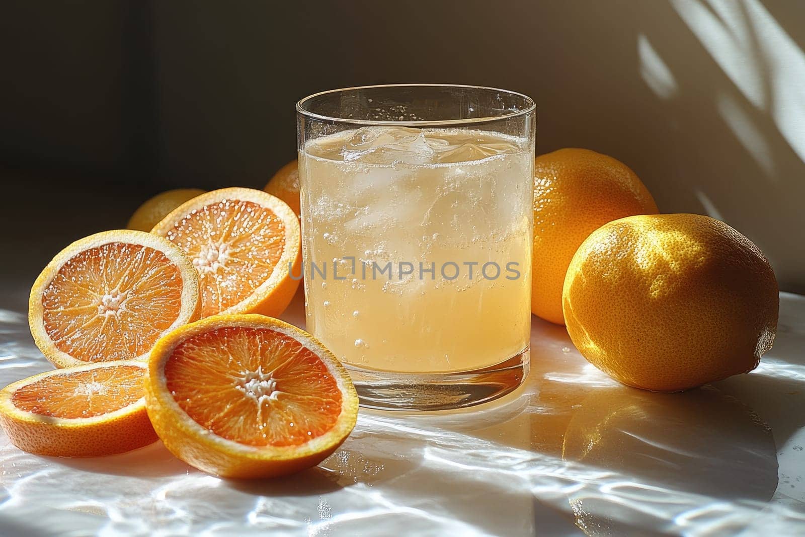 A glass of refreshing citrus drink filled with ice sits on a table beside bright orange slices. Sunlight casts gentle shadows, creating a warm atmosphere.