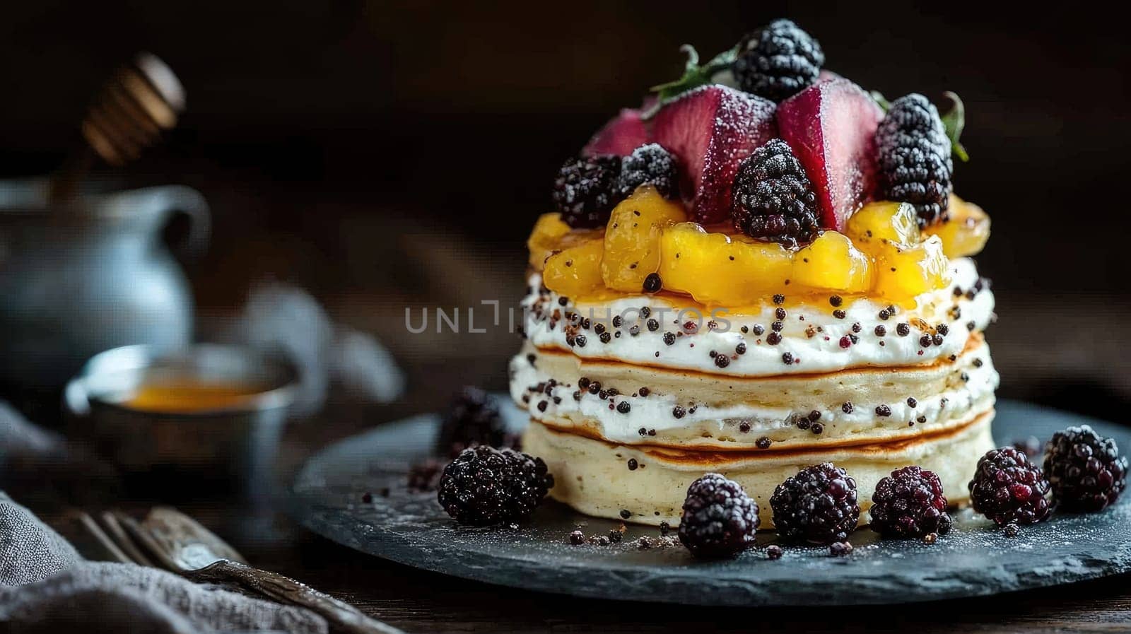 A colorful dessert layered with whipped cream, fresh peaches, blackberries, and garnished with mint leaves sits on a dark stone plate. The rustic ambiance adds warmth to the presentation.