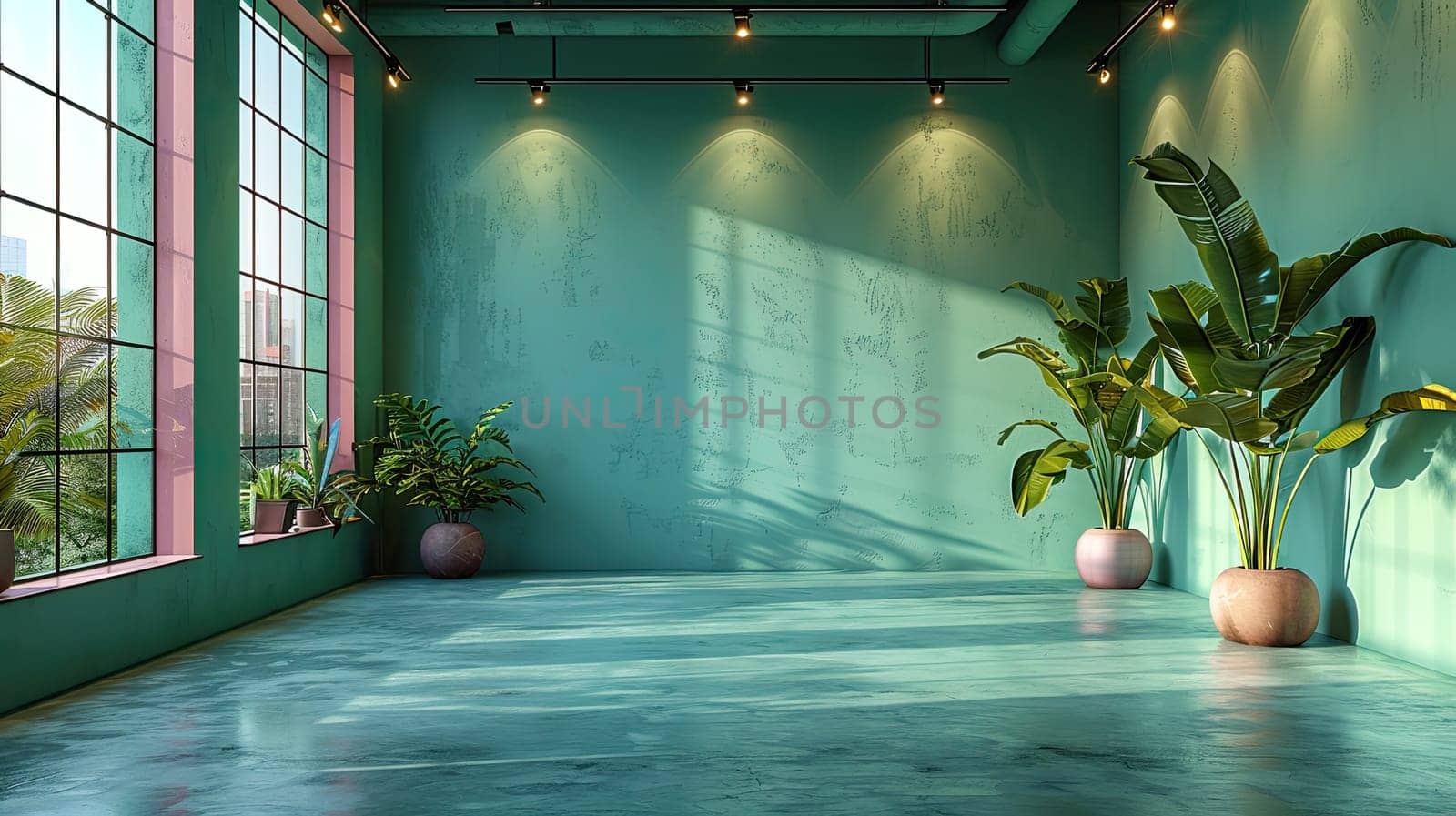 A modern room features expansive windows allowing natural light to flood in, highlighting vibrant greenery from decorative plants in simple pots against a textured turquoise wall.