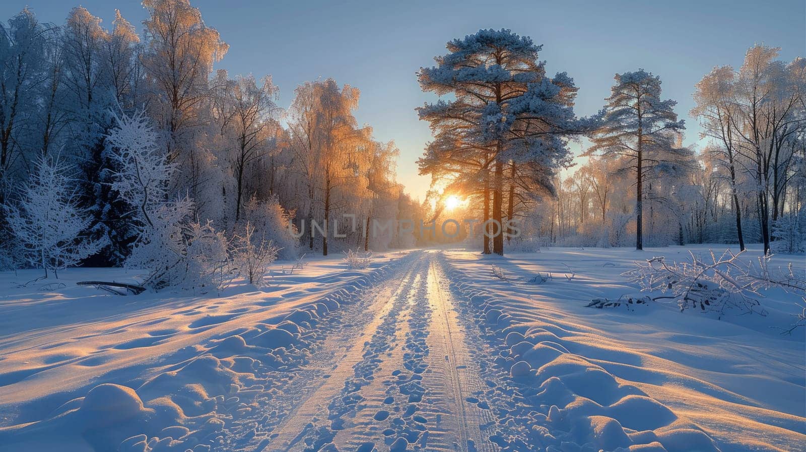 A serene winter morning unfolds with a soft glow of sunrise illuminating a snowy path. Frost-covered trees frame the scene, creating a peaceful atmosphere in the forest.