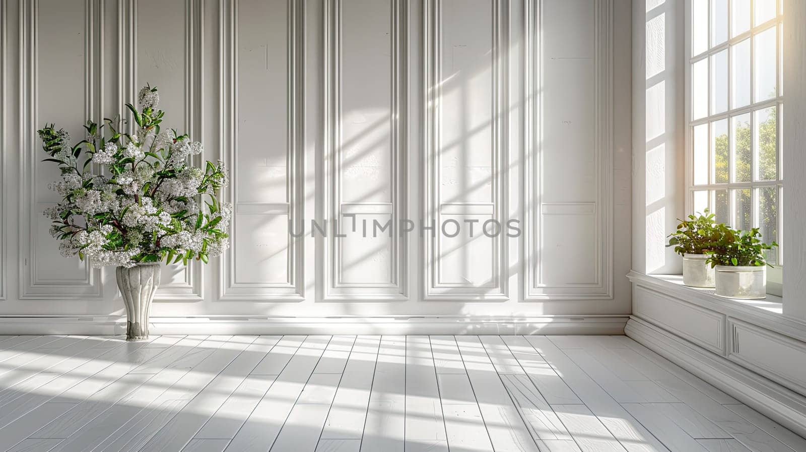 A bright and airy room features a large floral arrangement in a vase beside a window, with sunlight creating beautiful patterns on the white floor.