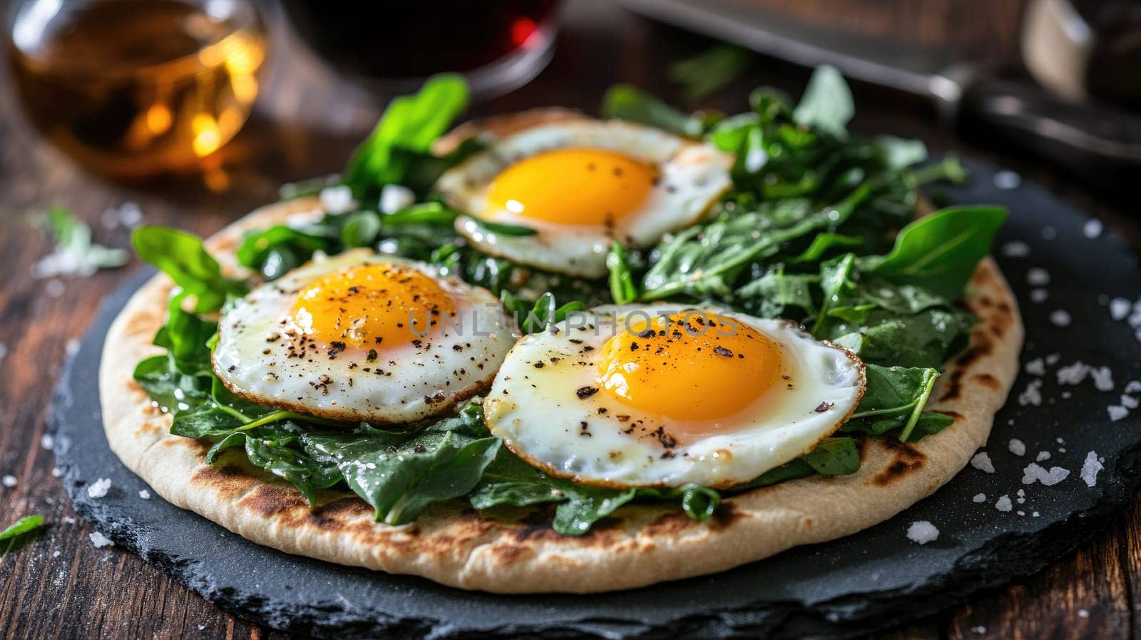 A flatbread topped with vibrant green spinach and three sunny side up eggs sits on a slate board, showcasing a colorful and nutritious meal perfect for any time of day.