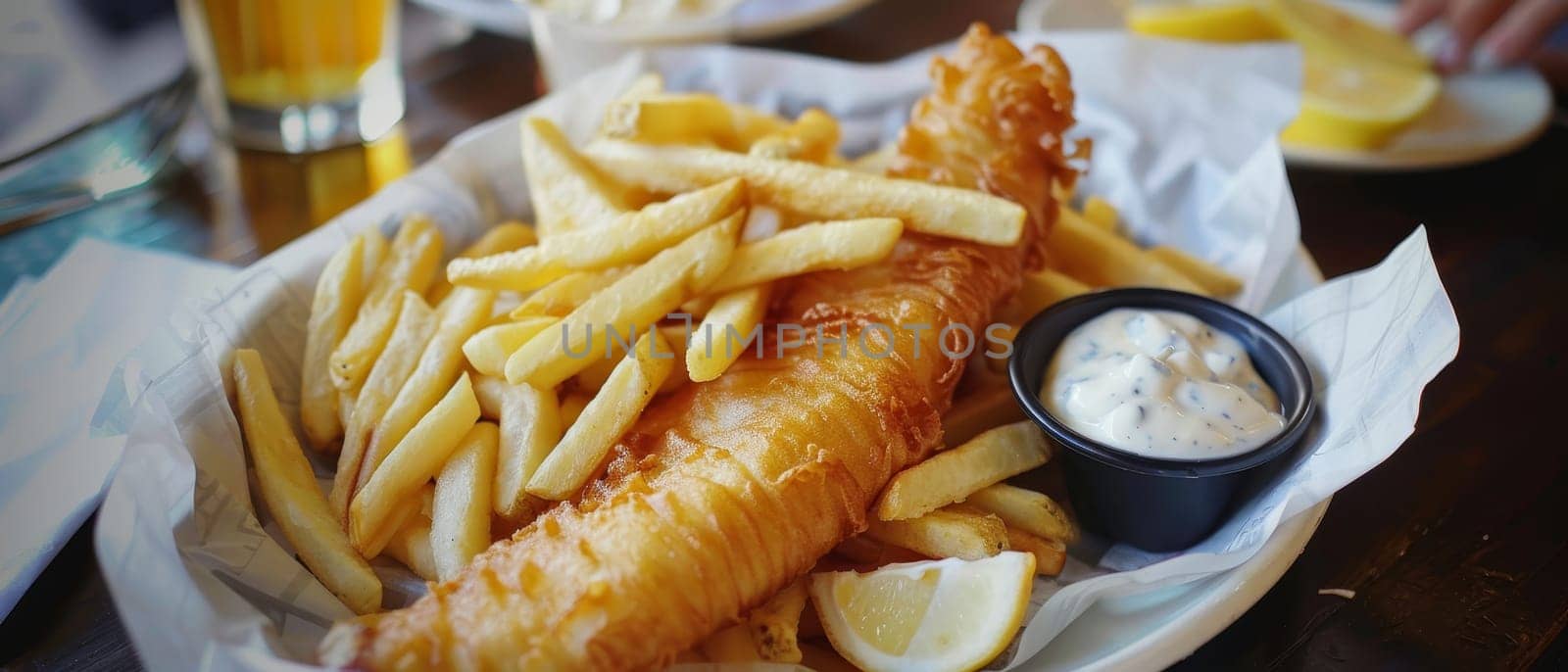 A plate of fried fish and golden fries served with a side of ketchup on a white plate